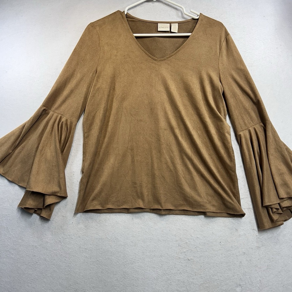 Chico's Faux Suede Bell Flare Sleeve Top Brown V Neck Boho Western 70's Size 0-S